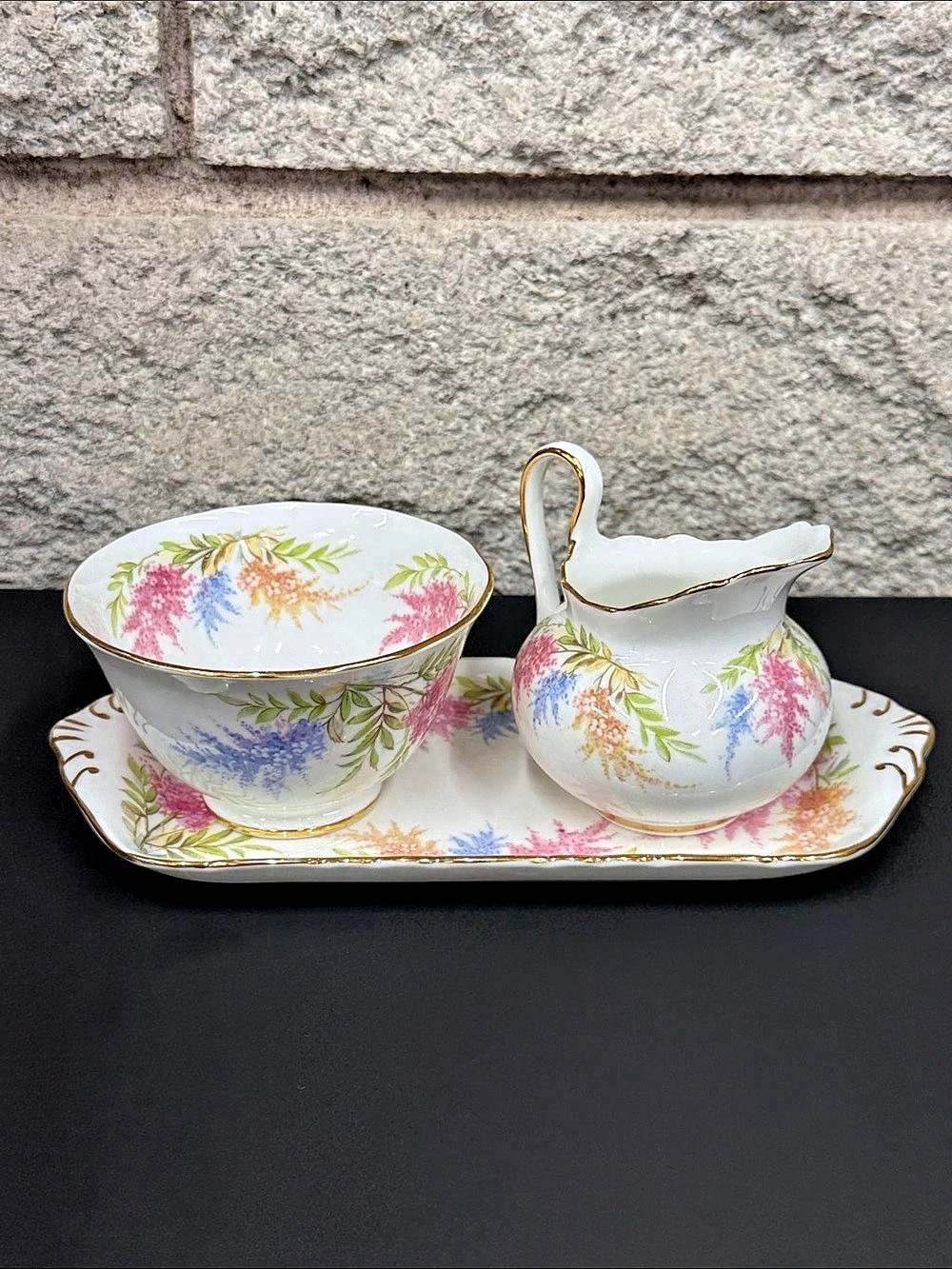 Vintage Royal Chelsea Astilbe Floral Bone China Creamer Sugar Bowl & Tray Set
